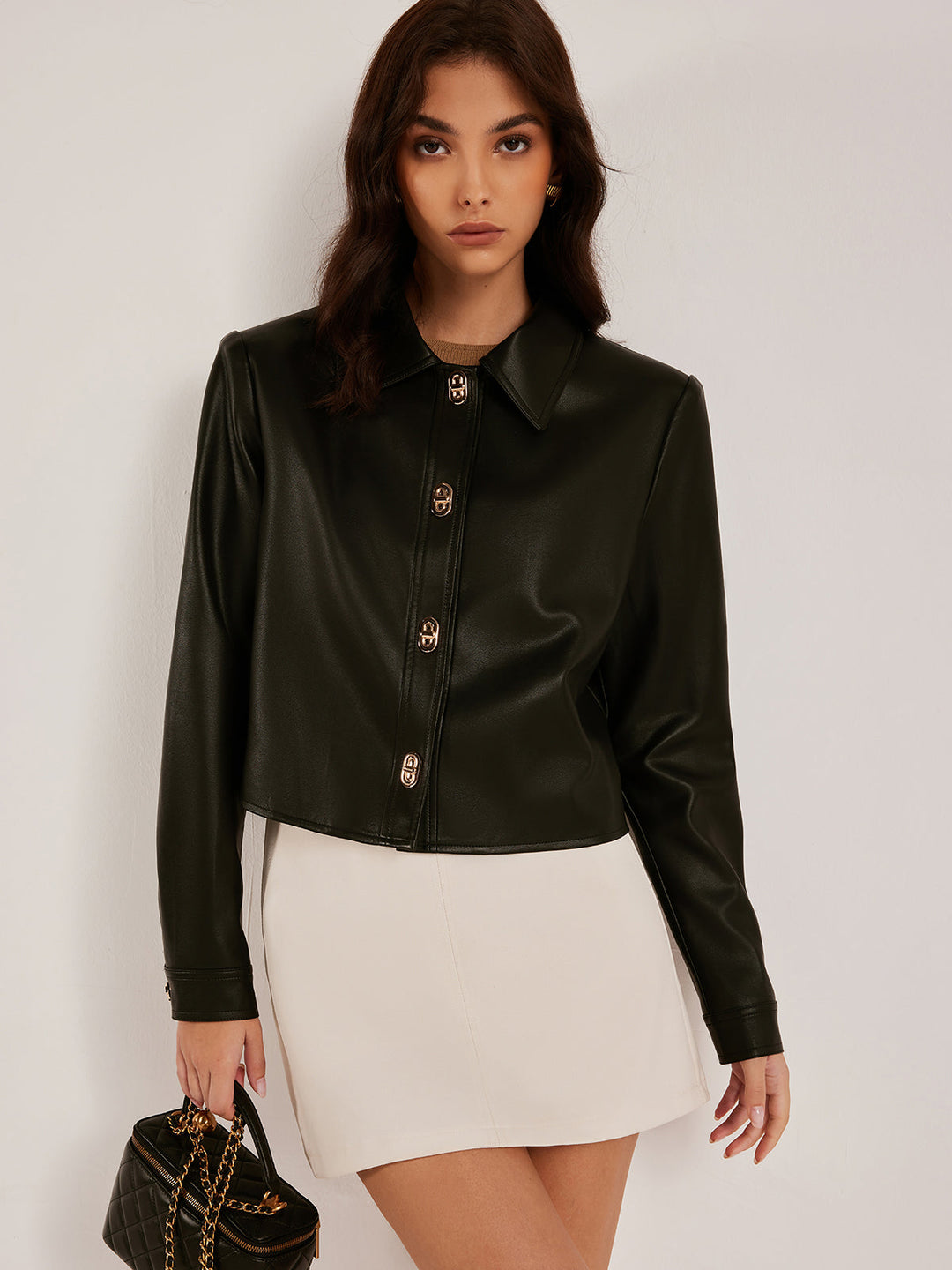 Drune | Knopf PU Leder Kurze Jacke