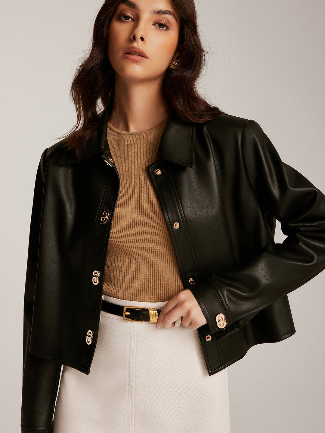 Drune | Knopf PU Leder Kurze Jacke