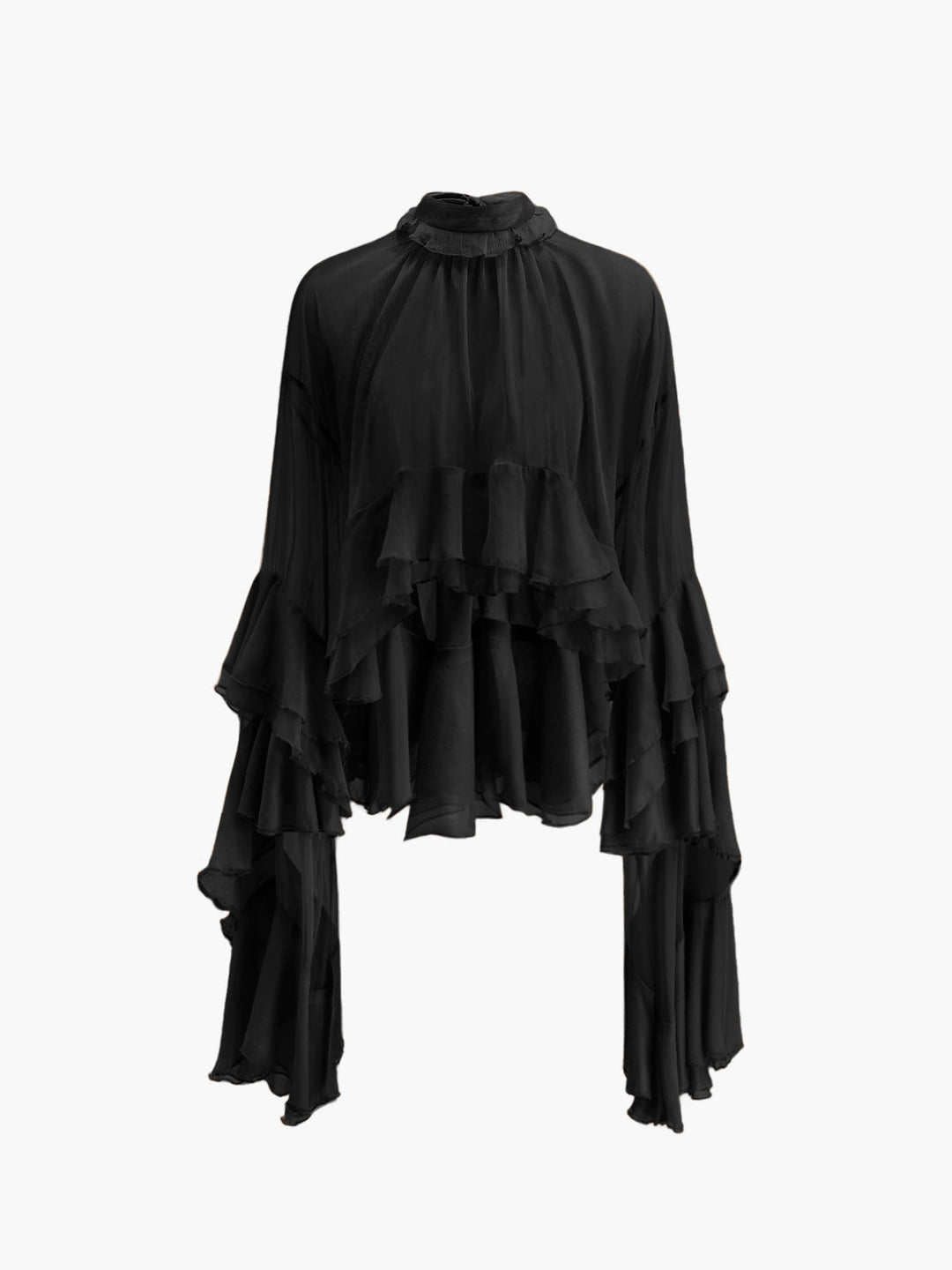 Drune | Durchsichtige Turtleneck Rüsch Chiffon Bluse