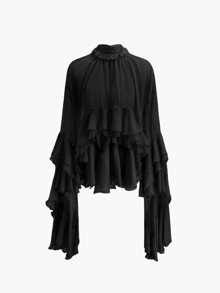 Drune | Durchsichtige Turtleneck Rüsch Chiffon Bluse