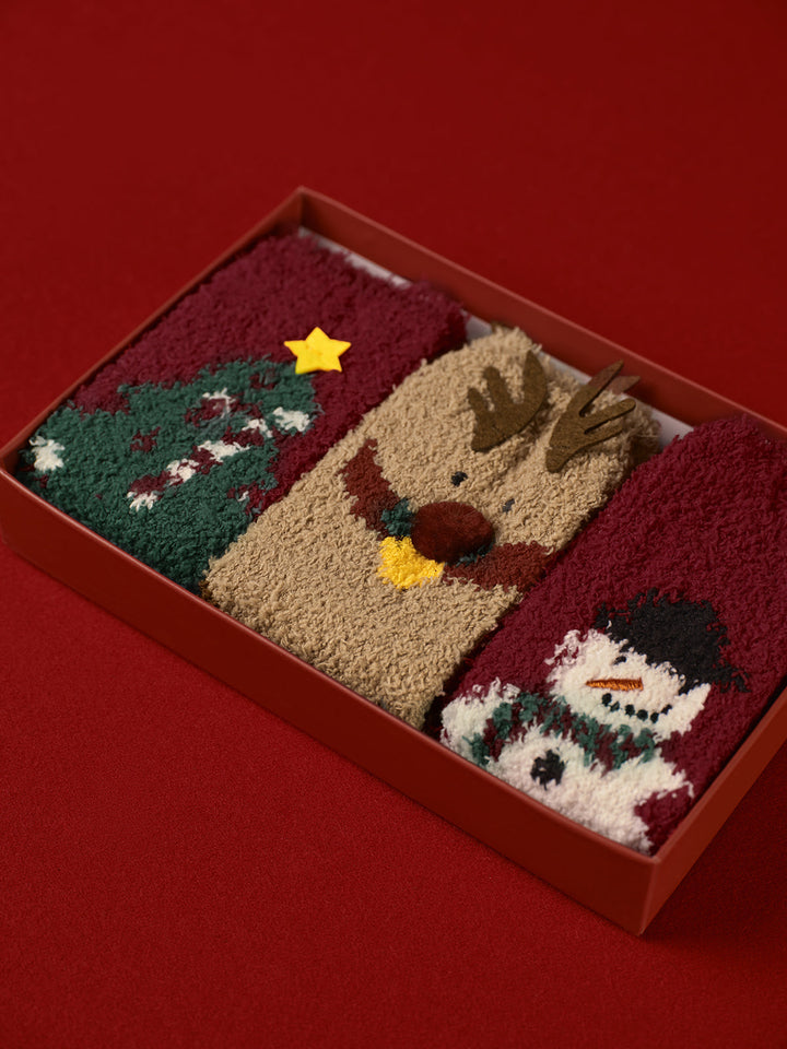Drune | 3er Pack Weihnachts-Korallenvelours-Socken mit Box