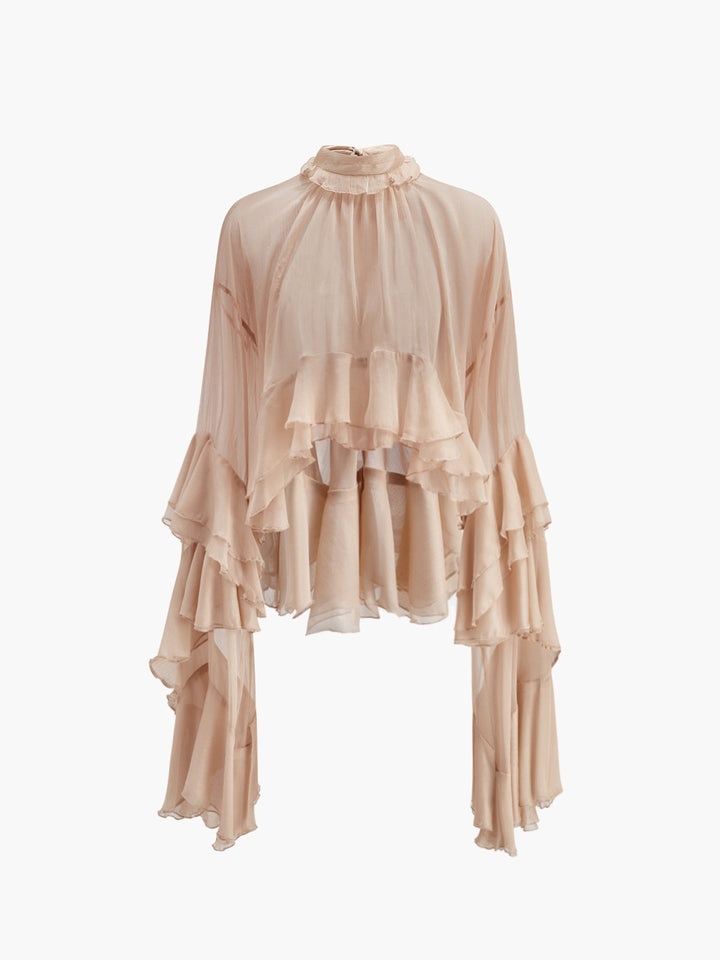 Drune | Durchsichtige Turtleneck Rüsch Chiffon Bluse