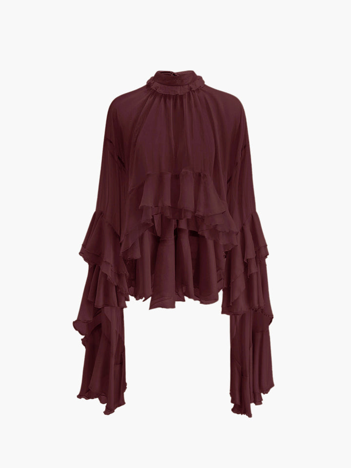 Drune | Durchsichtige Turtleneck Rüsch Chiffon Bluse