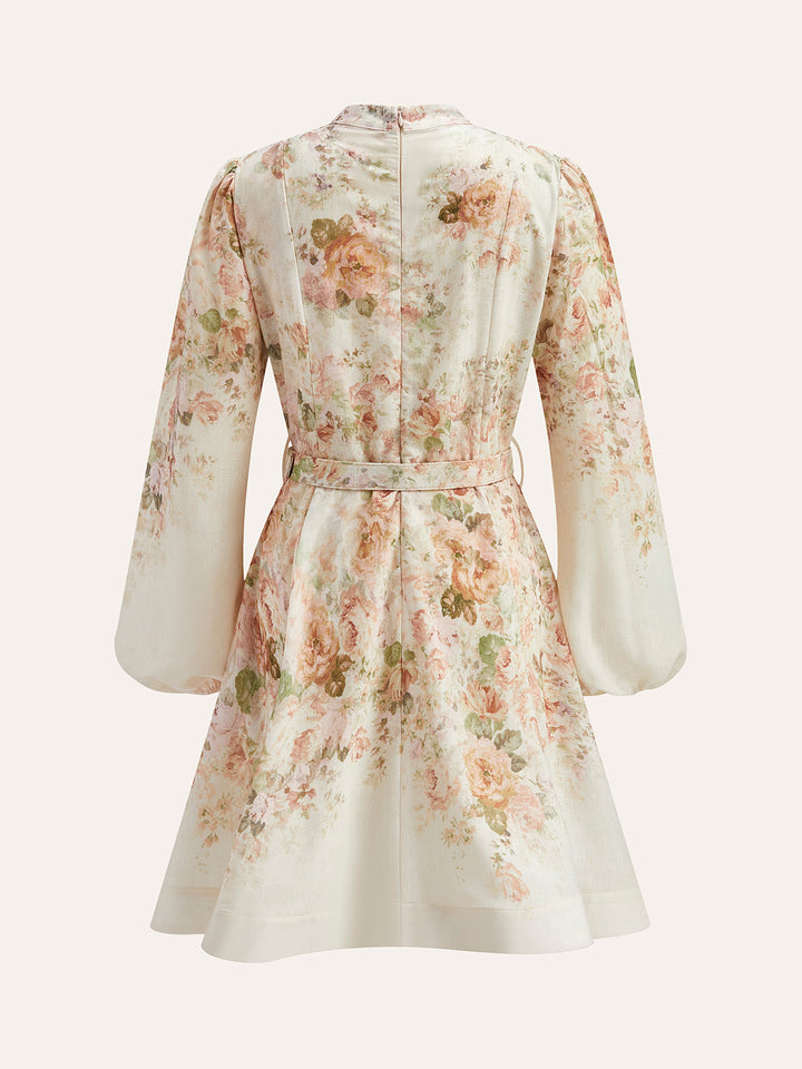 Drune | Baumwolle & Leinen Puffärmel Blumen Gürtel Kleid