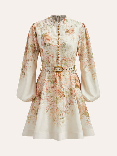 Drune | Baumwolle & Leinen Puffärmel Blumen Gürtel Kleid