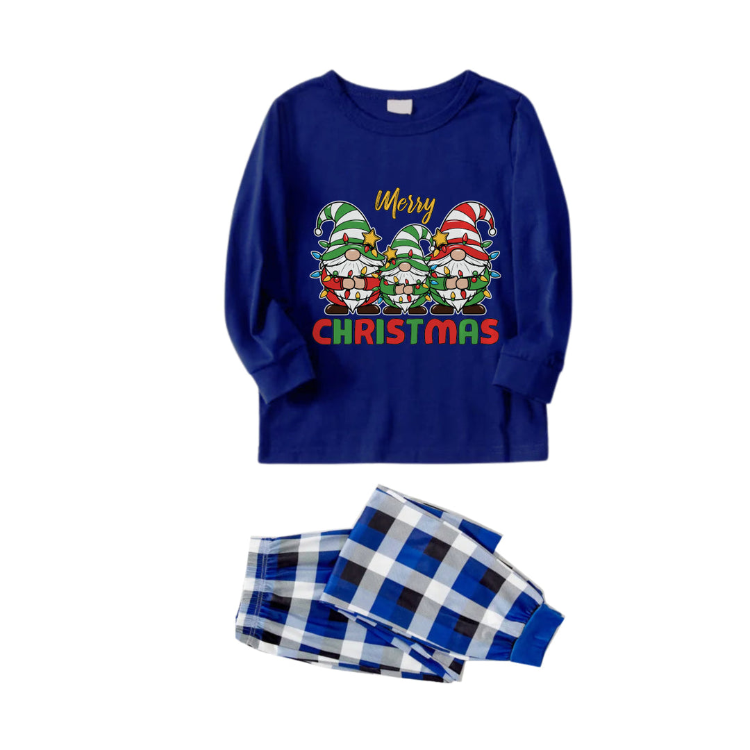 Drune | Weihnachtsfamilienpassende Pyjamas - Navy & Weiß Karierte Pjs Set mit Gnom und "Frohe Weihnachten" Print