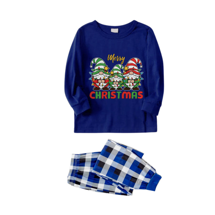 Drune | Weihnachtsfamilienpassende Pyjamas - Navy & Weiß Karierte Pjs Set mit Gnom und "Frohe Weihnachten" Print