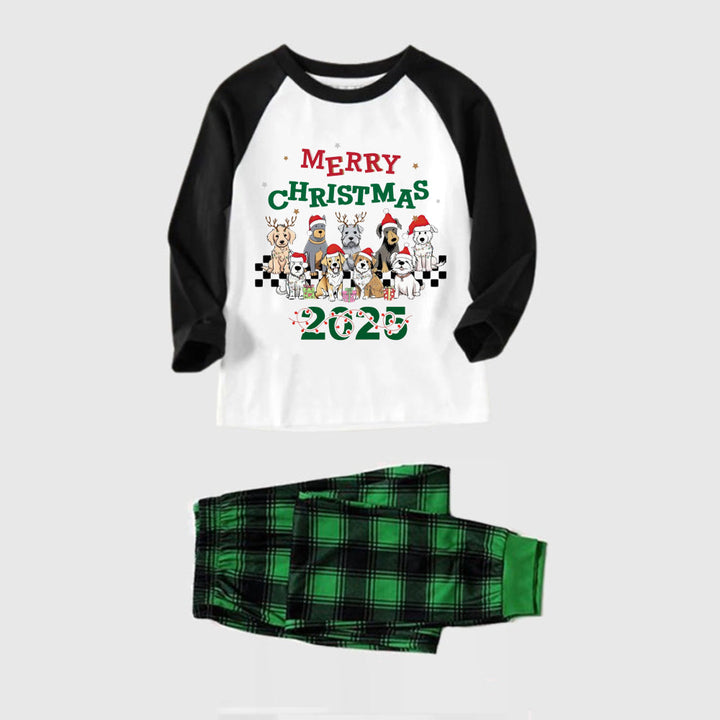 Drune | Schwarzes Raglan-Oberteil Grünes Plaid Weihnachts-Pyjama-Set mit "Frohe Weihnachten" und Hundedruck