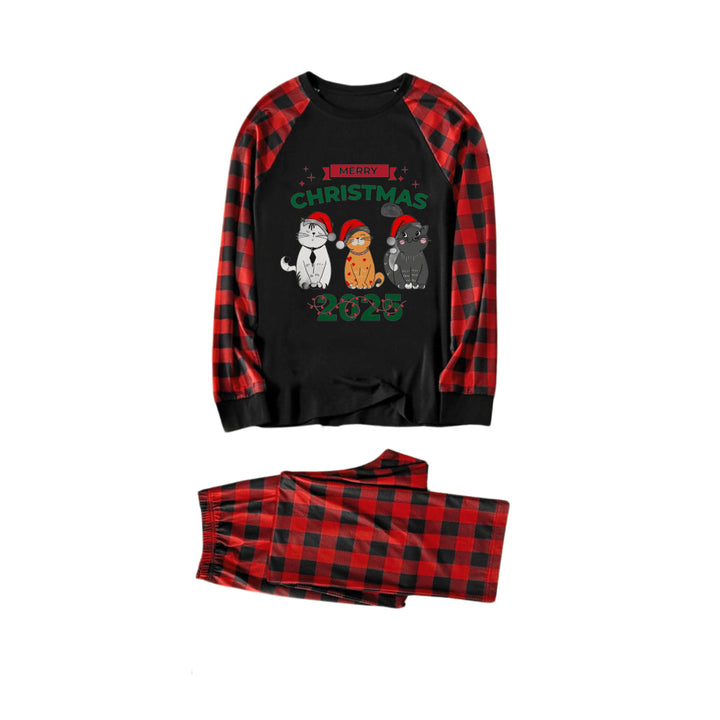 Drune | Rote und schwarze karierte Weihnachts-Pyjama-Set mit fröhlichen Weihnachten und süßem Katzen-Druck