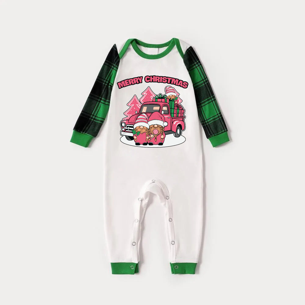 Drune | Grünes Raglan-Top Grüner Karierter Weihnachten Pyjama Set Mit Pinken Gnome und "FROHE WEIHNACHTEN" Druck