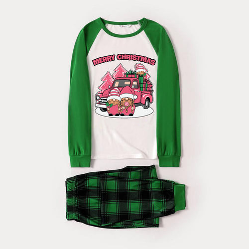 Drune | Grünes Raglan-Top Grüner Karierter Weihnachten Pyjama Set Mit Pinken Gnome und 