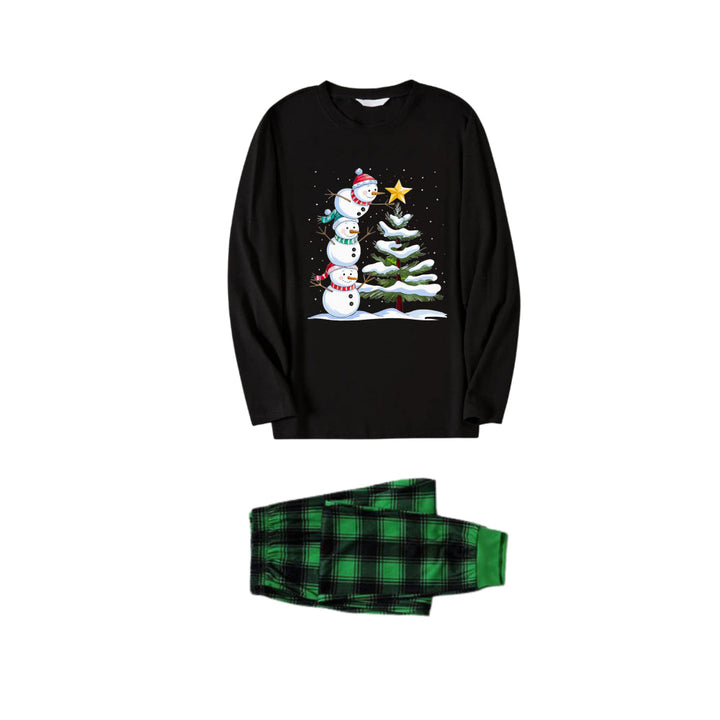 Drune | Weihnachtsfamilien-Pyjama-Set - Schwarzes Oberteil und grüne Karo-Hose mit Schneemann-Comic-Druck