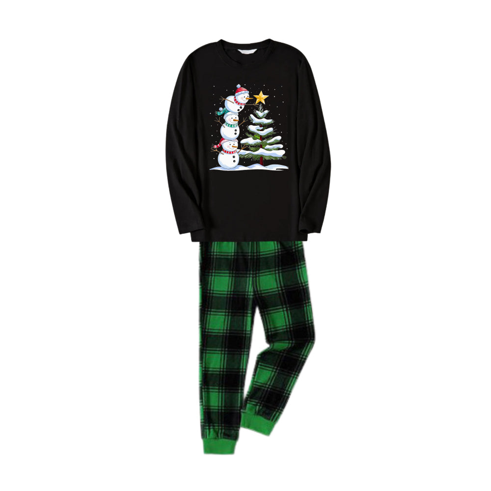 Drune | Weihnachtsfamilien-Pyjama-Set - Schwarzes Oberteil und grüne Karo-Hose mit Schneemann-Comic-Druck