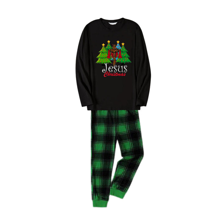 Drune | Weihnachtsfamilie passende Pyjamas - Schwarzes Oberteil und grüne Karohosen PJs Set mit "Jesus Weihnachten" Print