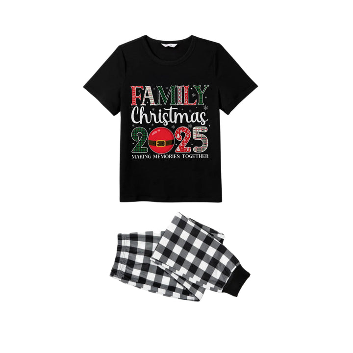 Drune | Schwarz und Weiß Karierte Kurzarm Weihnachtspyjama-Set mit Santa-Motivdruck