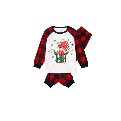 Drune | Rote und schwarze karierte Weihnachts-Pyjama-Set mit süßem Gnomies-Cartoon-Druck