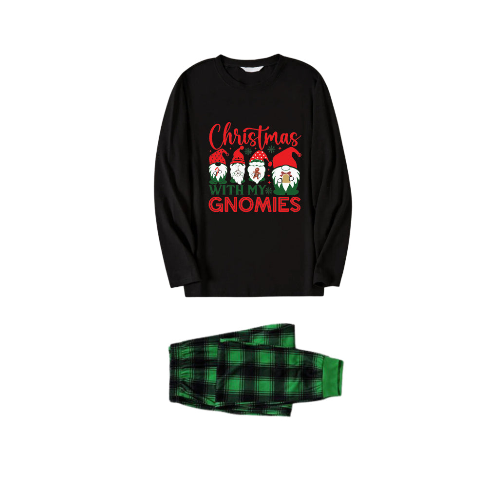 Drune | Weihnachtsfamilie passende Pyjamas - Schwarzes Oberteil und grüne karierte Hose Pjs Set mit Gnome Familie und "Weihnachten mit meinen Gnomies" Print