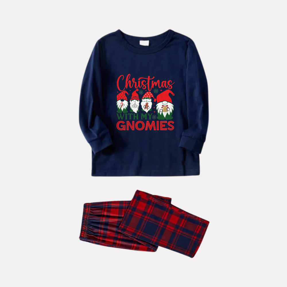 Drune | Weihnachtsfamilien passende Schlafanzüge - Marineblau und rotes Karomuster PJs Set mit "Weihnachten mit meinen Gnomies" Druck
