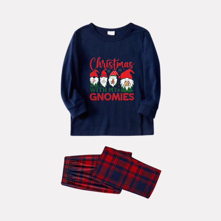 Drune | Weihnachtsfamilien passende Schlafanzüge - Marineblau und rotes Karomuster PJs Set mit "Weihnachten mit meinen Gnomies" Druck