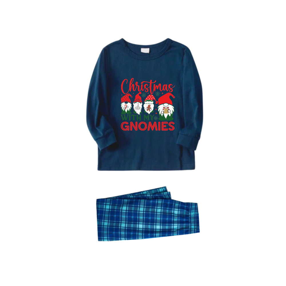 Drune | Weihnachtsfamilien-Pyjama-Set in Marineblau und Himmelblauem Karomuster mit dem Aufdruck "Christmas With My Gnomies"