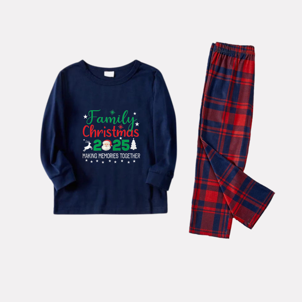Drune | Weihnachtsfamilie passende Pyjamas - Navy & rote Karomuster Pjs Set mit "Familien Weihnachten 2025" und Santa Muster Druck
