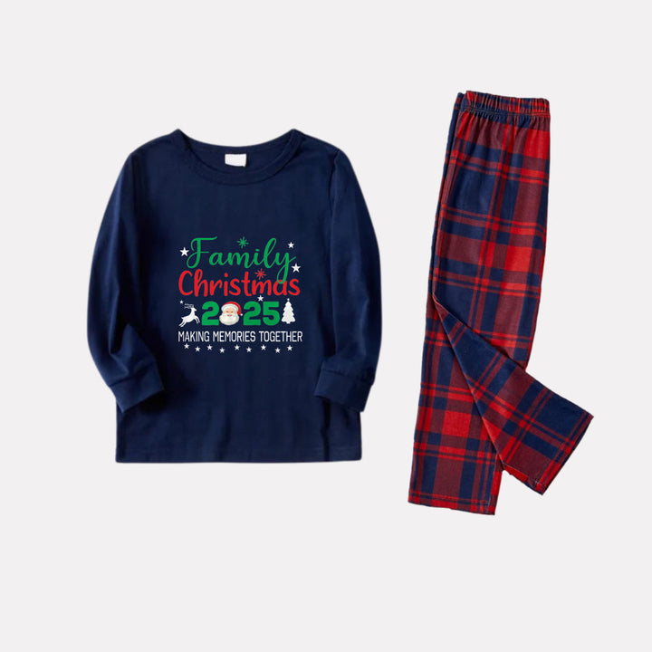 Drune | Weihnachtsfamilie passende Pyjamas - Navy & rote Karomuster Pjs Set mit "Familien Weihnachten 2025" und Santa Muster Druck