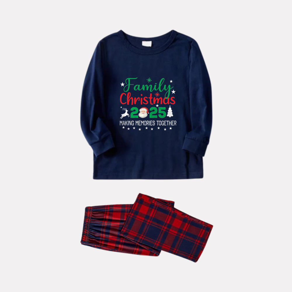 Drune | Weihnachtsfamilie passende Pyjamas - Navy & rote Karomuster Pjs Set mit "Familien Weihnachten 2025" und Santa Muster Druck