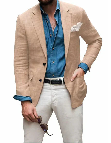 Drune | Herren Leinen Blazer Strand Hochzeit Lässig Tailored Fit Solide Farbe Einreihig Zwei Knöpfe