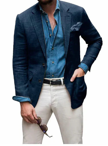 Drune | Herren Leinen Blazer Strand Hochzeit Lässig Tailored Fit Solide Farbe Einreihig Zwei Knöpfe