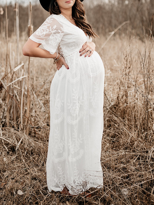 Drune Schwangerschafts-Chaps Maxi-Fotoshooting-Kleider, elegante Spitzenstickerei, gewellter Rand, Weiß