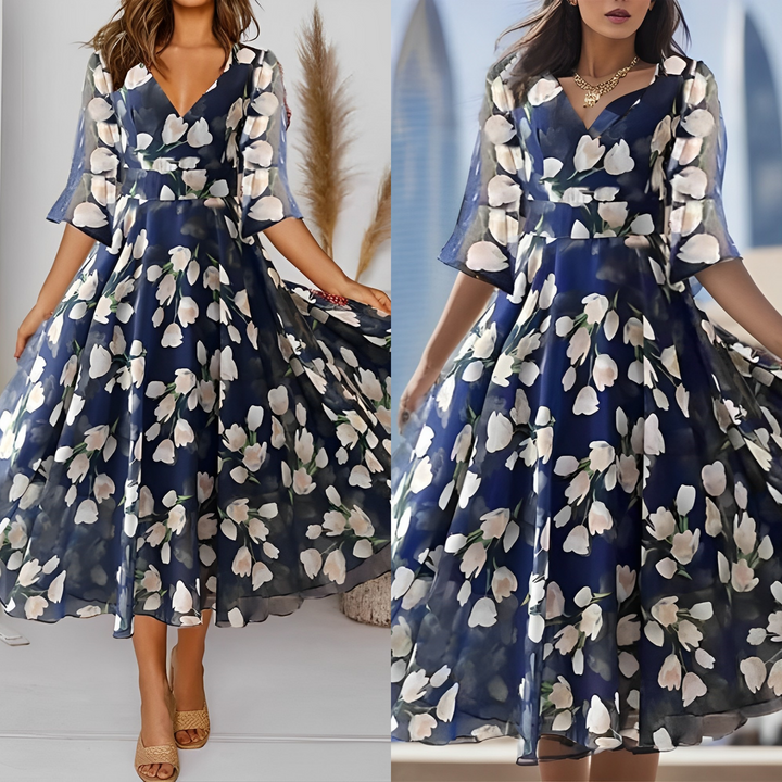 Drune | Blumen-Sifonk-Kleid mit weitem V-Ausschnitt
