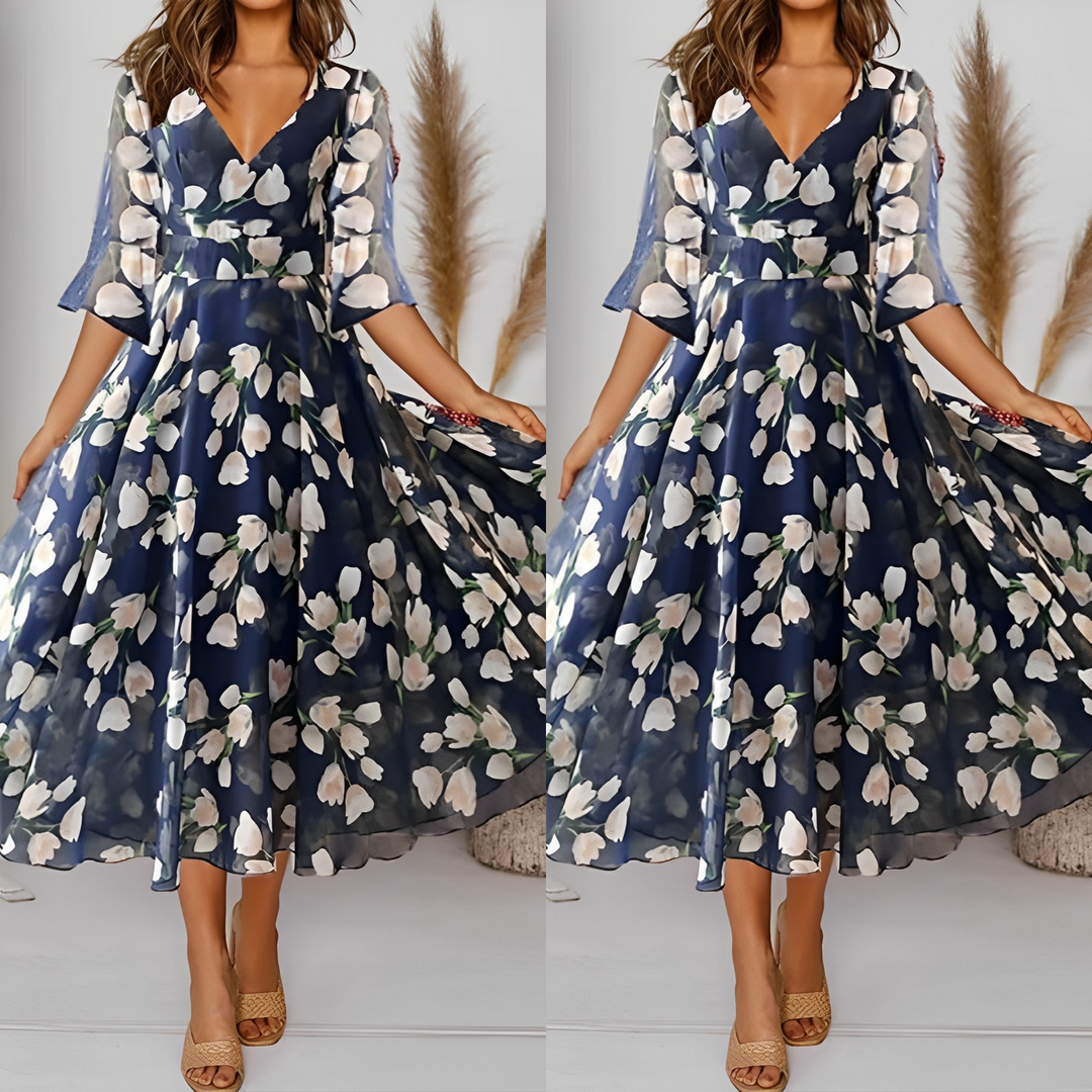 Drune | Blumen-Sifonk-Kleid mit weitem V-Ausschnitt