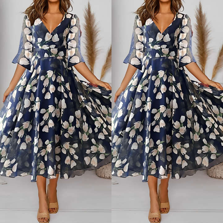 Drune | Blumen-Sifonk-Kleid mit weitem V-Ausschnitt