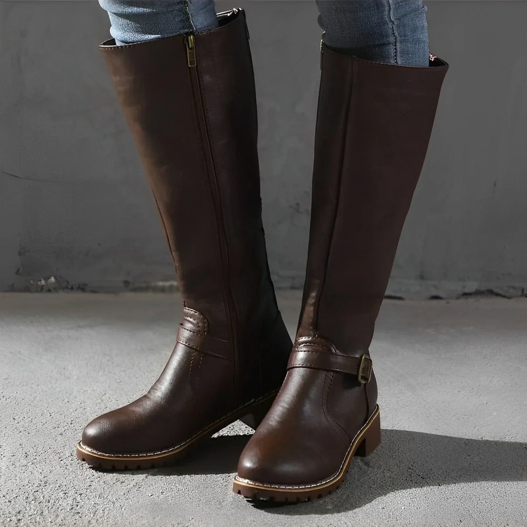 Drune | Schicke Herbst Lange Stiefel mit Metallverschluss für Frauen