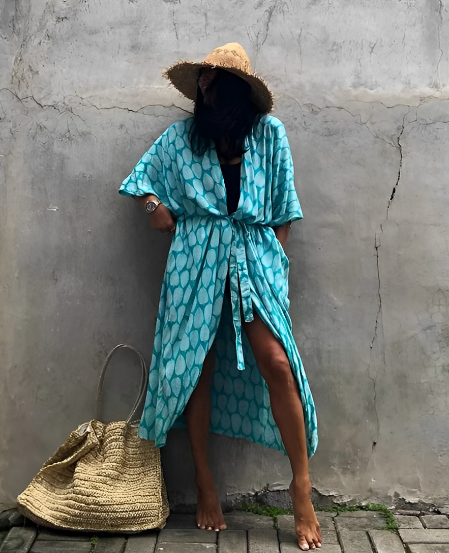 Drune Retro Kimono | Langer, gemusterter Strandkimono mit Gürtel für Damen
