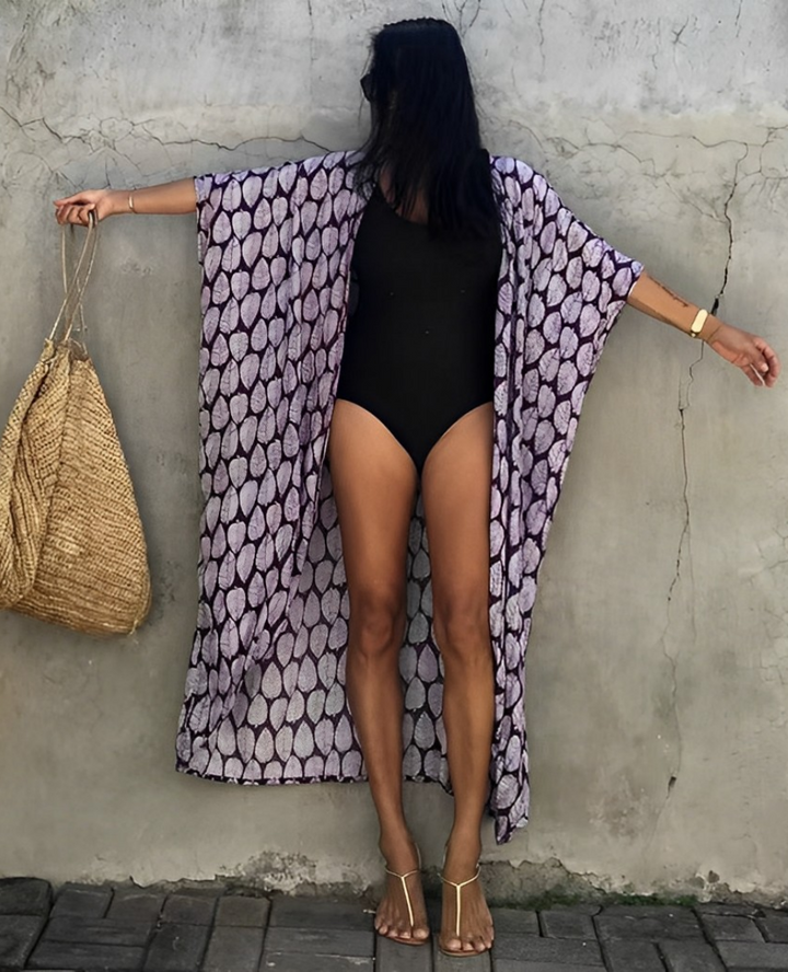 Drune Retro Kimono | Langer, gemusterter Strandkimono mit Gürtel für Damen