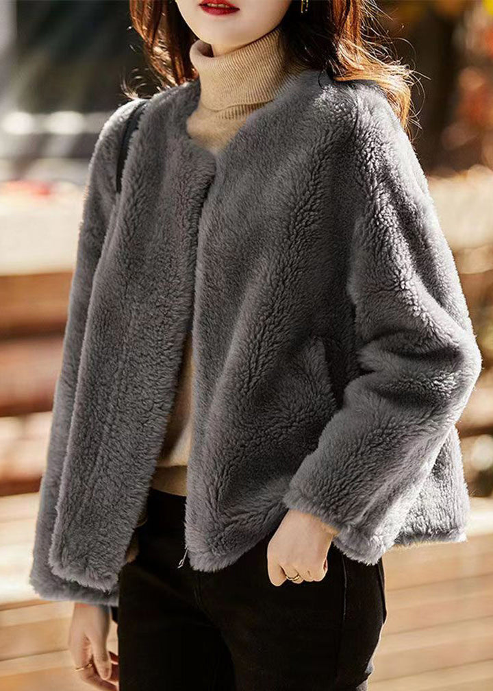 Drune | Grauer O-Ausschnitt Taschen Patches Wolle Jacken Winter