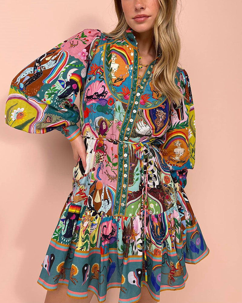 Drune | Kleid Laternenärmel Knopfleiste Langärmeliges Kleid Minikleid