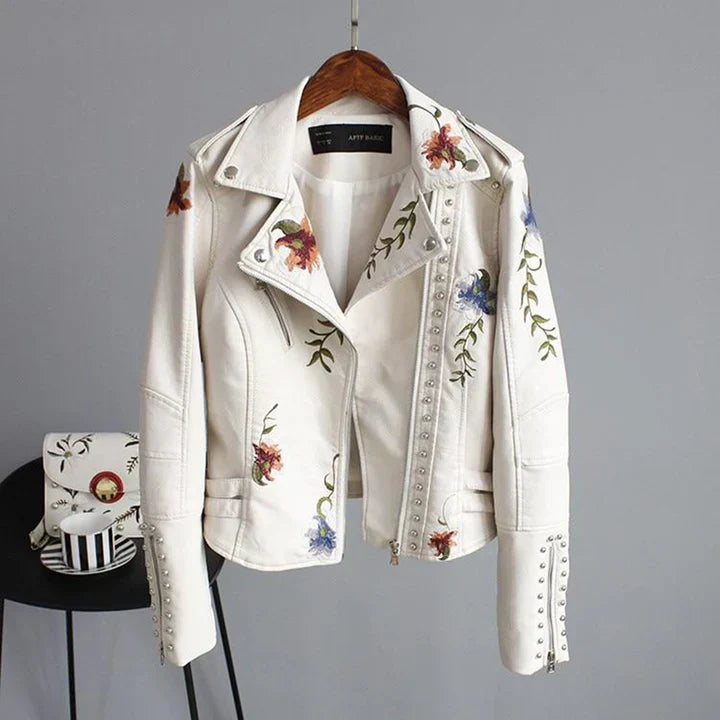 Drune | Bikerjacke Taillierte Passform Florale Stickerei Nieten Details Leichtgewicht