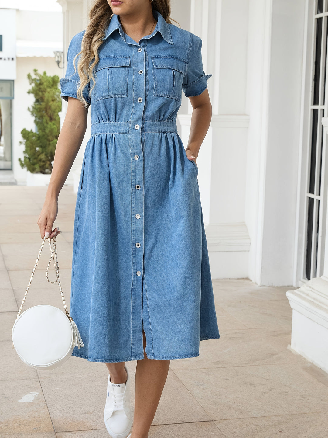 Drune | Stylische Denim Midi Kleid Mit Knopfverschluss