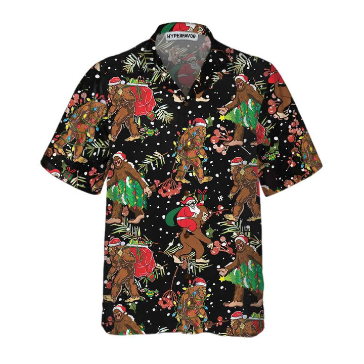 Drune | Bigfoot Weihnachtsmann mit Weihnachtsmuster Hawaii-Hemd, lustiges Weihnachts-Bigfoot-Hemd, Geschenk für Weihnachten