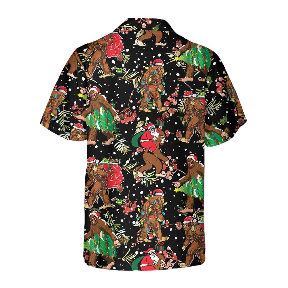 Drune | Bigfoot Weihnachtsmann mit Weihnachtsmuster Hawaii-Hemd, lustiges Weihnachts-Bigfoot-Hemd, Geschenk für Weihnachten