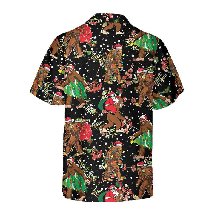 Drune | Bigfoot Weihnachtsmann mit Weihnachtsmuster Hawaii-Hemd, lustiges Weihnachts-Bigfoot-Hemd, Geschenk für Weihnachten