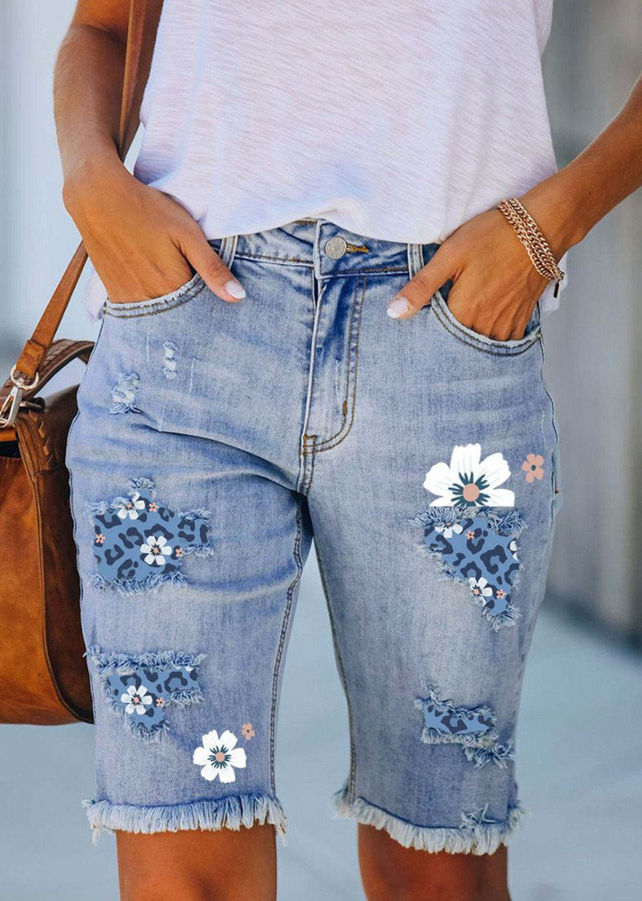 Drune | Bequeme Kurze Jeans Hose mit Stylischem Blumen Design