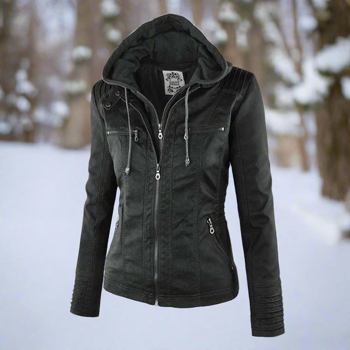 Drune | Leder Kapuzen Bikerjacke Slim Fit Reißverschlusstaschenjacke