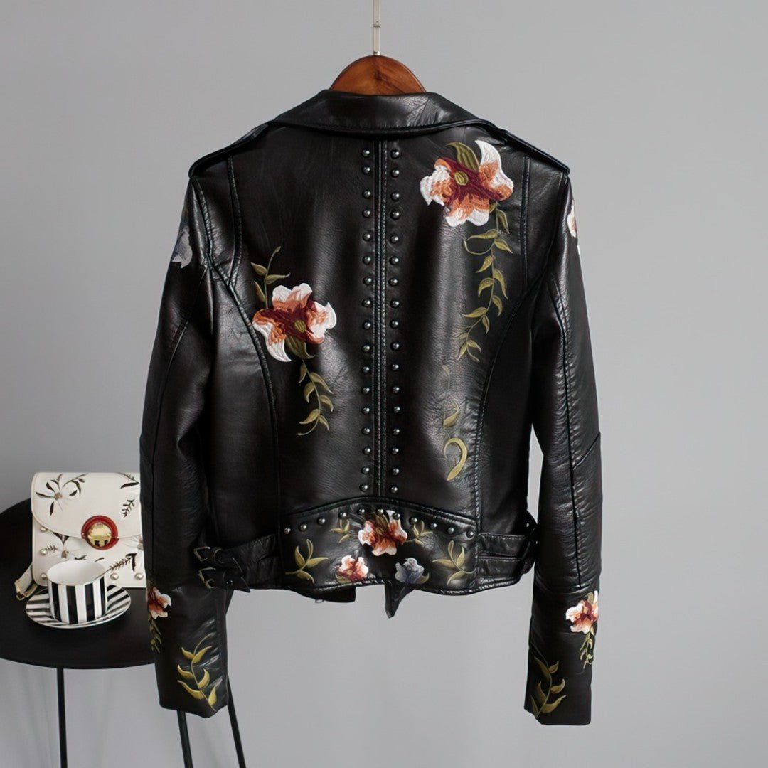 Drune | Kunstlederjacke - Florales Detail - Asymmetrischer Reißverschluss - Edgy Chic
