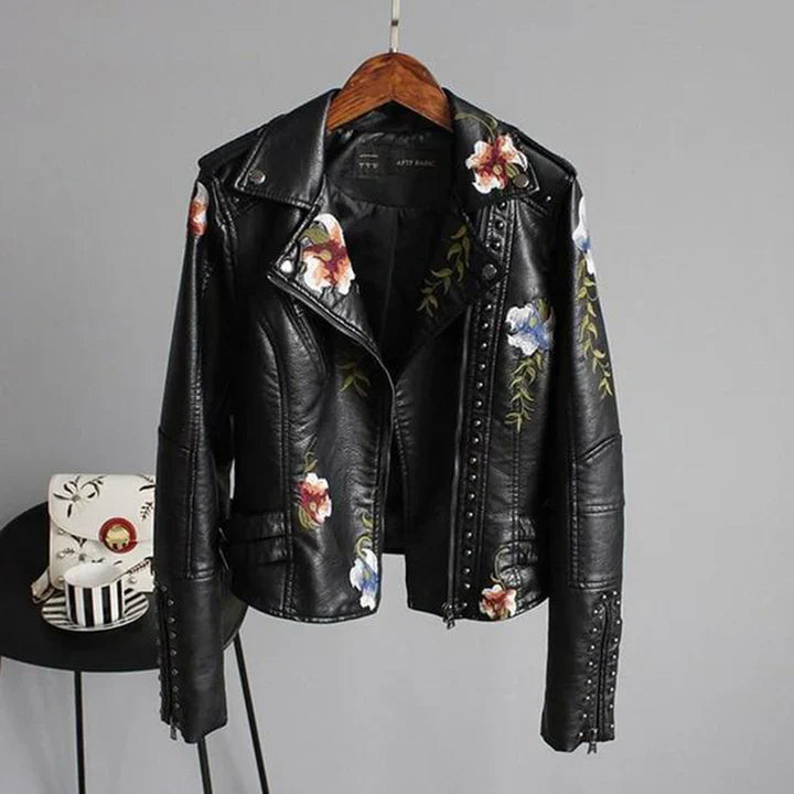 Drune | Bikerjacke Taillierte Passform Florale Stickerei Nieten Details Leichtgewicht