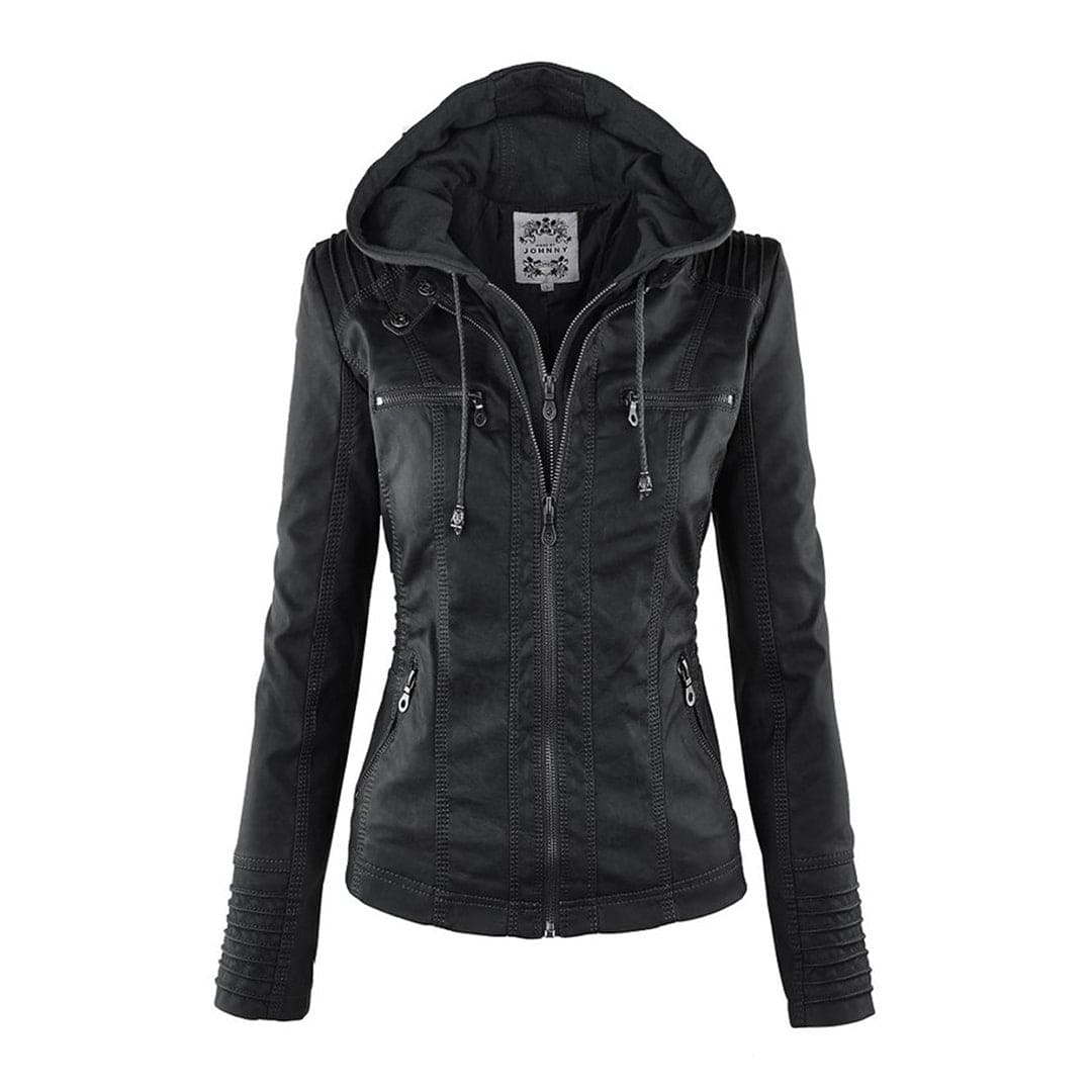 Drune - Damen lässige Lederjacke mit Kapuze