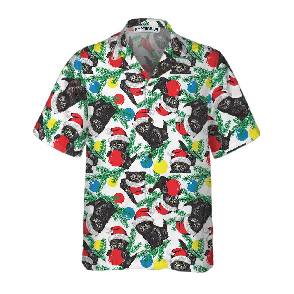 Drune | Schwarze Katze mit Weihnachtsmannmütze Hawaiian Shirt, Lustiges Weihnachtskatzen Shirt