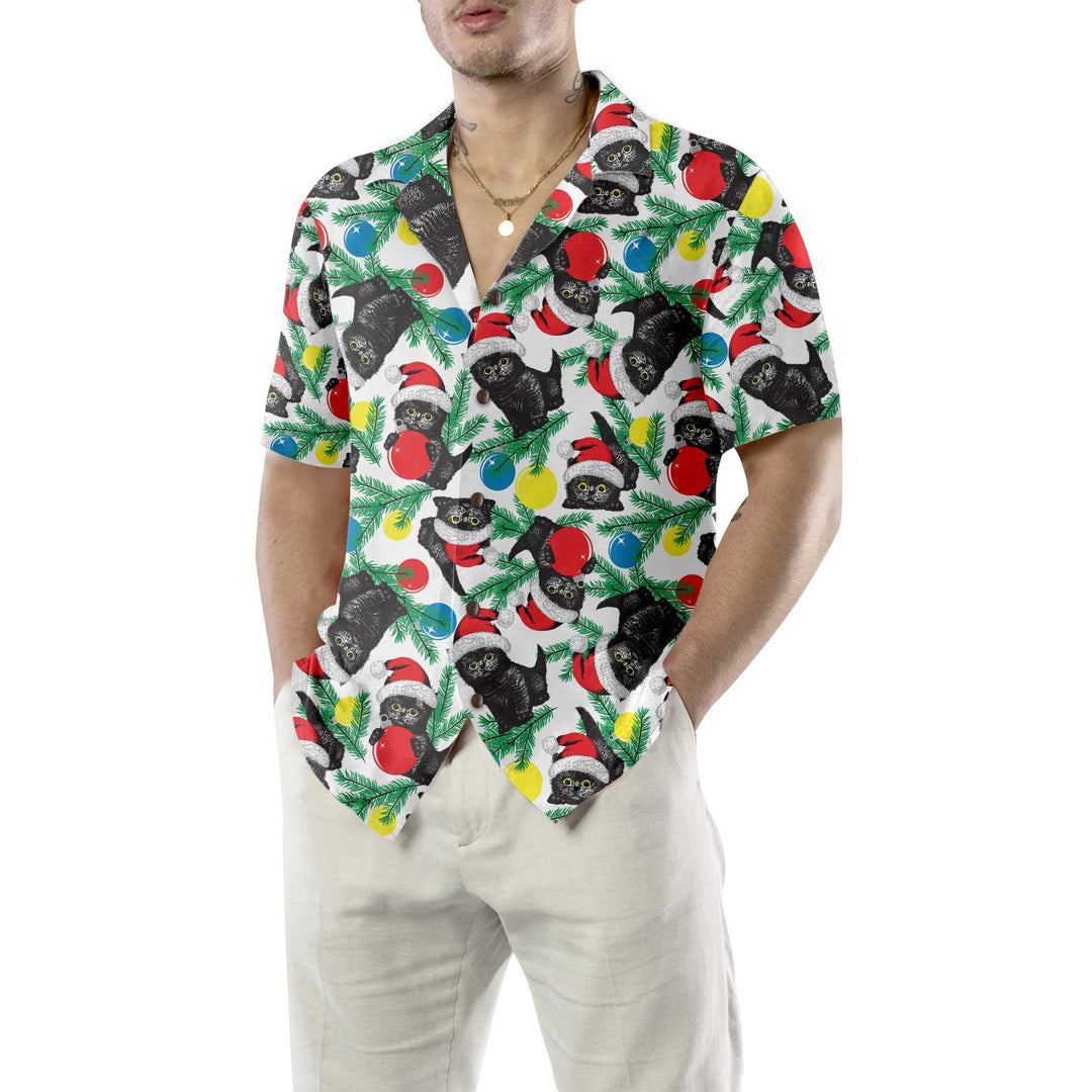 Drune | Schwarze Katze mit Weihnachtsmannmütze Hawaiian Shirt, Lustiges Weihnachtskatzen Shirt